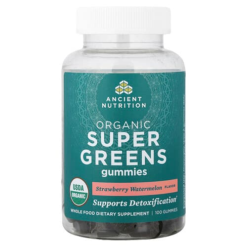 Ancient Nutrition, Orgaanilised Super Greens kummikommid, maasika arbuus, 100 kummikommi