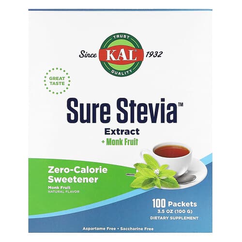 KAL, Sure Stevia ekstrakt + mungavili, 100 pakki, 100 g