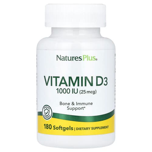 NaturesPlus, D3-vitamiin, 25 mcg (1000 RÜ), 180 pehmet geeli