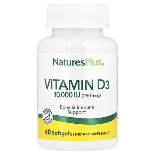 NaturesPlus, D3-vitamiin, 250 mikrogrammi (10 000 RÜ), 60 pehmet geeli