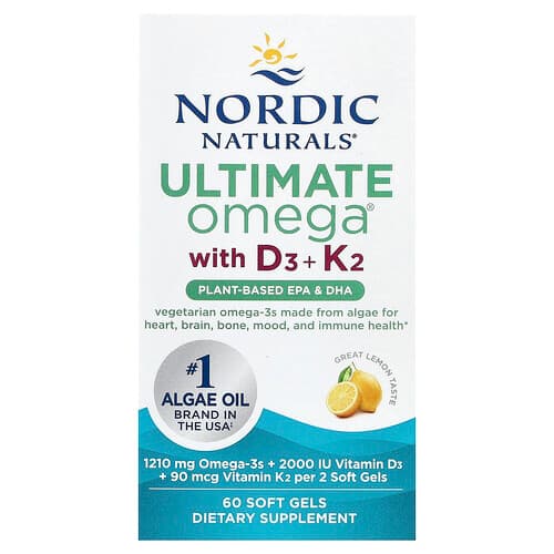 Nordic Naturals, Ultimate Omega®, taimne D3 + K2-vitamiiniga, sidruniga, 60 pehmet kapslit