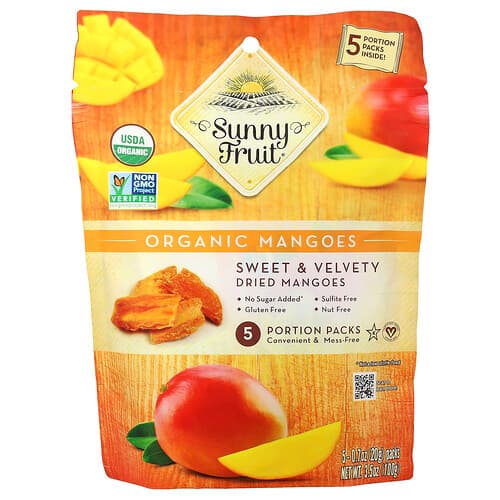 Sunny Fruit, Orgaanilised kuivatatud mangod, 5 portsjonipakki, 20 g tükk