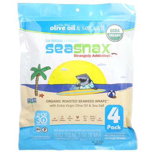 SeaSnax, Orgaaniline röstitud merevetikate ümbris,™ oliiviõli ja meresool, 20 suurt lehte, 2,16 untsi (60 g)