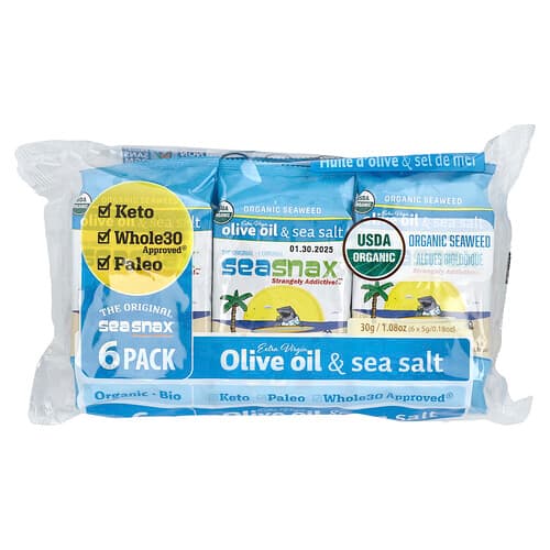 SeaSnax, Orgaanilised merevetikad, ekstra neitsioliiviõli ja meresool, 6 pakki, igaüks 0,18 untsi (5 g)