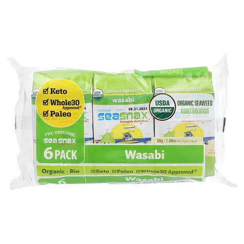 SeaSnax, Orgaanilised merevetikad, Wasabi, 6 pakki, igaüks 0,18 untsi (5 g)