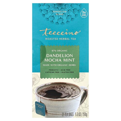 Teeccino, Röstitud taimetee, võilille-moka-münt, kofeiinivaba, 25 teekotti, 150 g