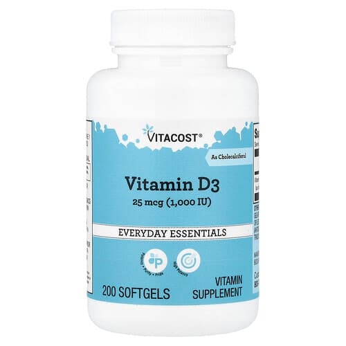 Vitacost, D3-vitamiin, 25 mikrogrammi (1000 RÜ), 200 pehmet geeli