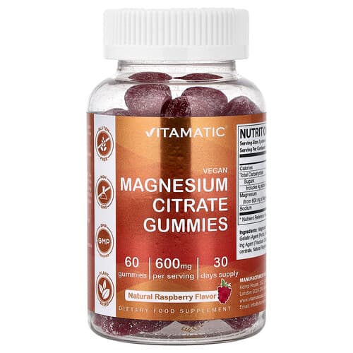 Vitamatic, Vegan magneesiumtsitraadist kummikommid, naturaalne vaarikas, 60 kummikommi