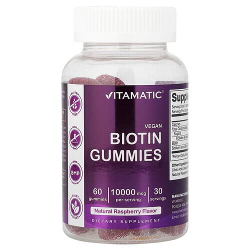 Vitamatic, Vegan biotiini kummikommid, looduslik vaarikas, 60 kummikommi (5,000 mcg kummikommi kohta)