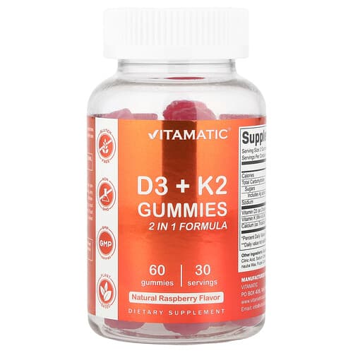 Vitamatic, D3 + K2 kommid, naturaalne vaarikas, 60 kommi