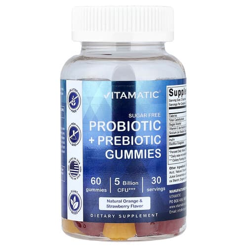 Vitamatic, Probiootikumid ja prebiootilised kummikommid, suhkruvabad, naturaalse apelsini ja maasikaga, 60 kummikommi (2,5 miljardit CFU kummikommi