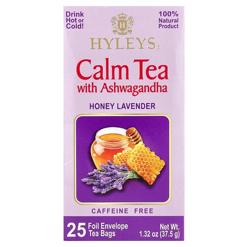 Hyleys Tea, Rahulik tee ashwagandha, mee ja lavendliga, kofeiinivaba, 25 fooliumpakendis teekotti, 37,5 g