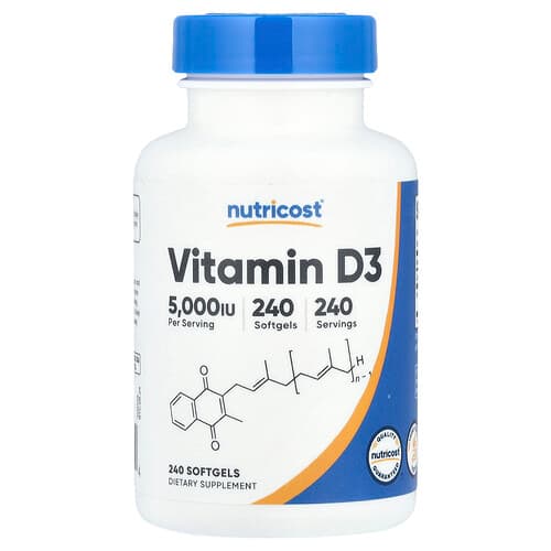 Nutricost, D3-vitamiin, 125 mcg (5,000 RÜ), 240 pehmet geeli