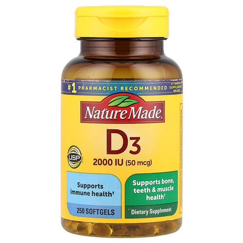 Nature Made, D3-vitamiin, 50 mikrogrammi (2000 RÜ), 250 pehmet geeli