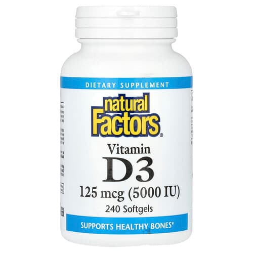 Natural Factors, D3-vitamiin, 125 mcg (5,000 RÜ), 240 pehmet geeli