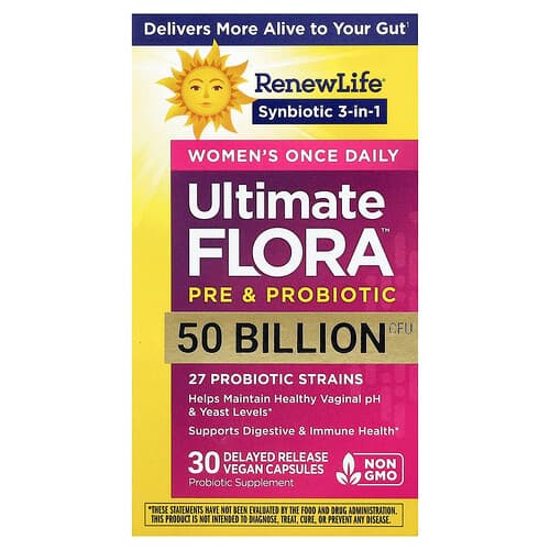 Renew Life, Naistele mõeldud kord päevas manustatav Ultimate Flora™ pre- ja probiootikum, 30 toimeainet prolongeeritult vabastavat vegankapslit